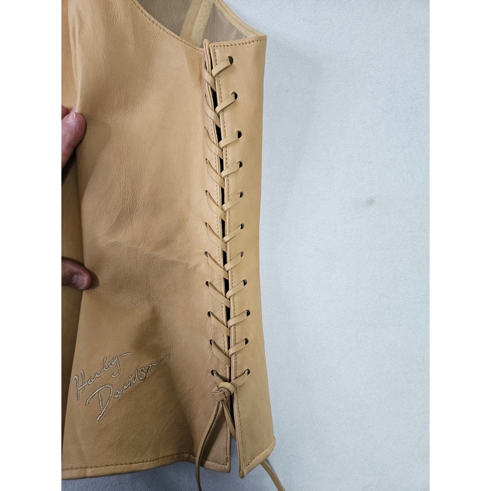 Harley Davidson Leather Vest Pants Set Womens XL Tan Lace Up Biker Western Flare - Picture 8 of 16